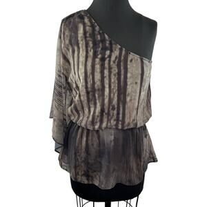 Y2K Gen Z Soul Revival Brown Gray Print Peplum Chiffon Blouse Top Rhinestone M